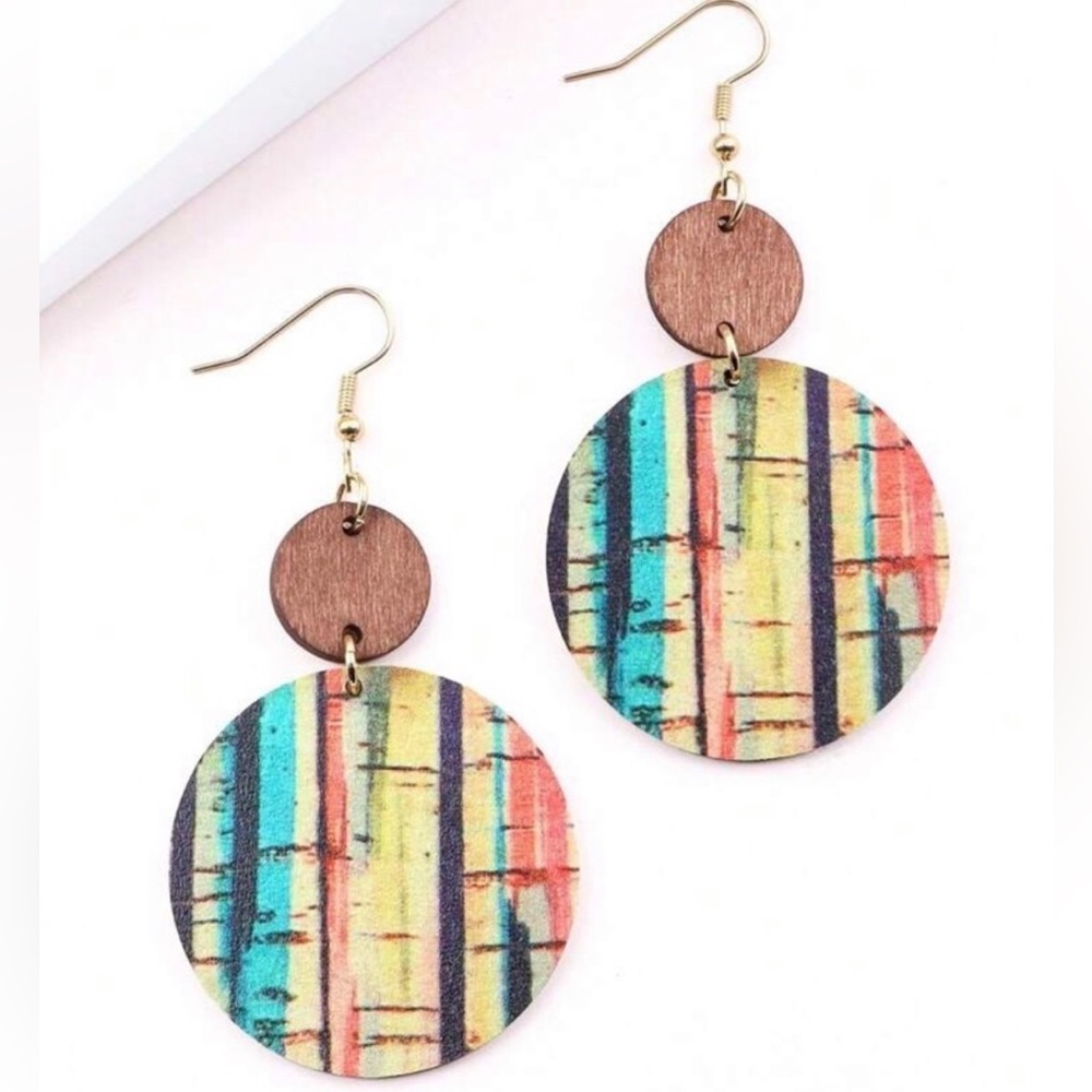 Bohemian Wooden Striped Dangle Earrings